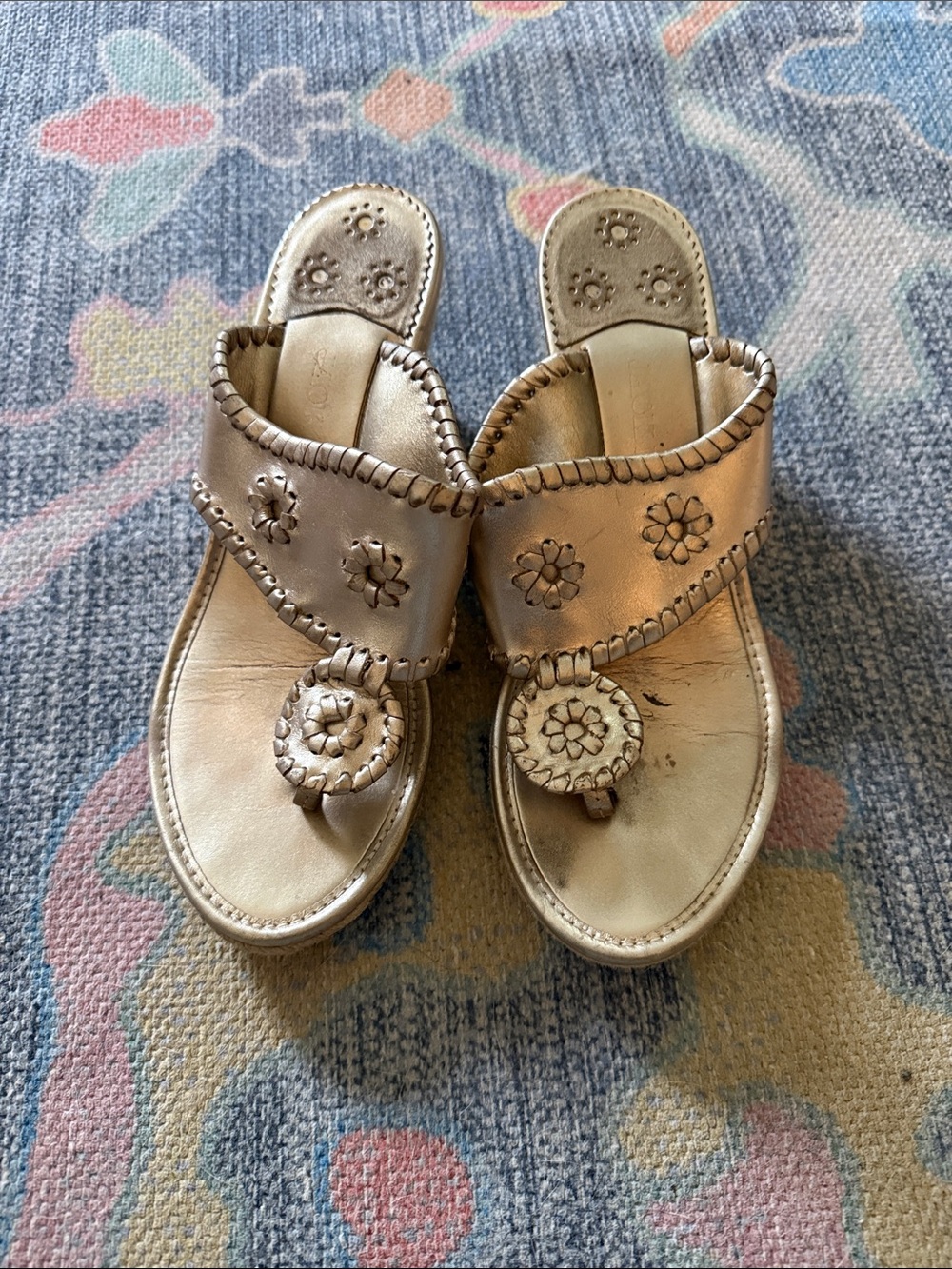 Jack Rogers Metallic Gold/Platinum Floral Thong Wedge Sandals